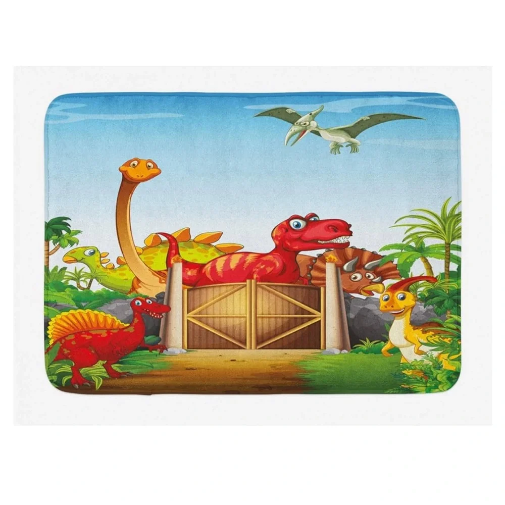 Ambesonne Bath Mat - Vibrant Dinosaur Scene